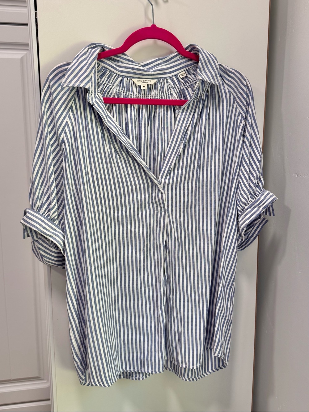 Max Studio Blue and White Vertical Stripe Button-Down Shirt